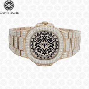 Charm Jewells Luxury Women's Yellow Gold Rectangle <b>Watch</b> <b>Diamond</b> Encrusted Folding Clasp Quartz Movement 18mm Band - Product Image 5