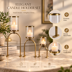 Ensemble de 3 porte-bougies en verre doré en forme d'arche pour centre de table, décoration intérieure |   Supports de bougies modernes Hurricane pour mariages et cadeaux - Product Image 5