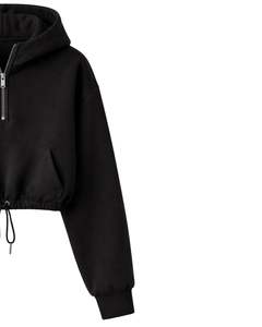 Sudadera con capucha corta de forro polar negra con cremallera de un cuarto, bolsillo canguro, dobladillo con cordón ajustable, estilo casual urbano, cálida, para mujer, personalizada - Product Image 3