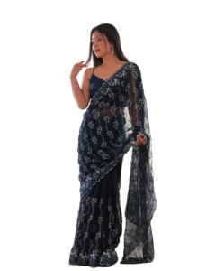 El último Sari de trabajo bordado de secuencia de seda Georgette de diseñador por Fab Zone - Product Image 1