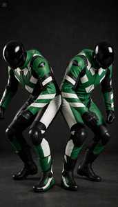 Combinaison de course moto en cuir bicolore vert et noir unisexe adulte une pièce - Product Image 3