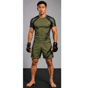 Conjunto de Camiseta y Pantalones Cortos de Spandex y Poliéster Verde Oliva con Detalles Negros para BJJ y Deportes Mixtos (MMA) - ¡Gran Venta! - Product Image 2