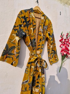Yellow Jungle Print Velvet Kimono <b>Robe</b> Handmade Tea <b>Coat</b> Velvet Tiger Print Kimono <b>Robe</b>: Handmade Velvet Cotton Blend Nightwear - Product Image 4