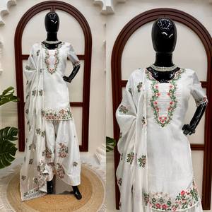 White Embroidered Salwar Kameez <b>Set</b> Floral Printed Pakistani Indian Clothing With Shawl for Ceremony Wear - Product Image 2