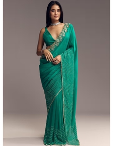 KV Women's <b>Green</b> <b>Silk</b> Viscose Traditional Organza Embellished Designer Saree with Unstitched Blouse for Party Occasions - Product Image 2
