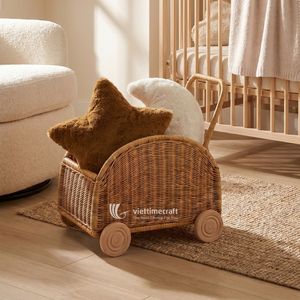Handwoven Rattan Wooden Frame Toy Pram Wicker Doll <b>Stroller</b> Sustainable Kids Room Storage Cart & Walker Wagon <b>for</b> <b>Toddlers</b> - Product Image 3
