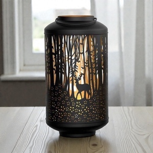 <b>Black</b> Metal <b>Lantern</b> With Deer And Forest Die Cut Design For Home Decoration Heat Resistant Candle Holder - Product Image 4