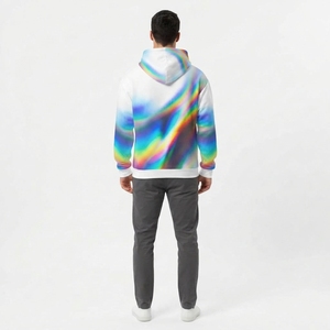 Sweat-shirt à capuche blanc pour homme avec imprimé graphique abstrait multicolore, poche kangourou, streetwear - Product Image 2