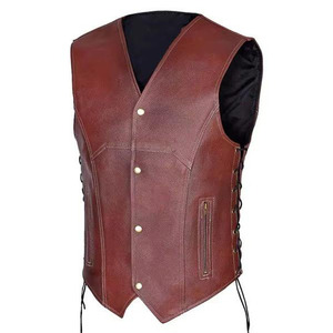 Chaleco de Motociclista de Cuero Vacuno Genuino Marrón para Hombre, Estilo Vintage, con Cordones Laterales Ajustables y Bolsillos con Cremallera - Product Image 1