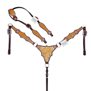 Ensemble de têtière et de collier de poitrail avec de gros paillettes orange, des éclats brillants et des conchos en strass. - Product Image 1