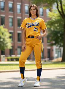Styliro Baseball Jersey Men's Short Sleeve Yellow Polyester Breathable Button Front Team Name Print 23 - Product Image 2