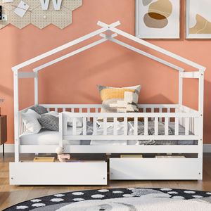 Letto a capanna in legno bianco a grandezza naturale con due cassetti per bambini - Product Image 2