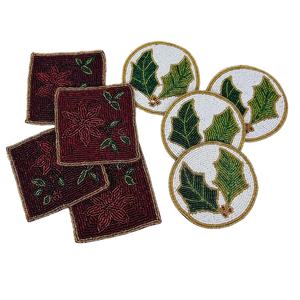 Juego de 4 posavasos con cuentas Artisan Life, tapa roja vibrante y diseño de punto blanco y abalorios verdes, ideales para usar en el hogar y la fiesta del hotel - Product Image 1