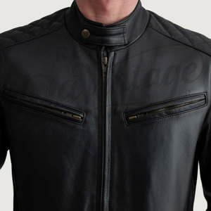 Chaqueta de Motociclista de Cuero Negro con Hombros Acolchados con Diamantes, Corte Ajustado, Cuello Alto, Cuero Genuino - Product Image 2