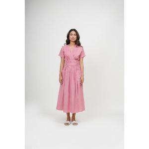 Vestido midi de lino rosa de alta calidad, corte en A, con cuello en V, manga corta, lazo cruzado y bolsillos, estilo sencillo y transpirable para verano, para mujer. - Product Image 3