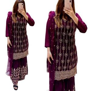 DISEÑADOR GEORGETTE BORDADO SECUENCIA TRABAJO TOP SHARARA CON DUPATTA VINO - Product Image 1