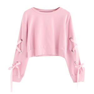 Sudadera Corta con Capucha Rosa para Mujer, con Mangas con Cordones, Logotipo Frontal, Manga Larga, Informal, Tejida, 100% Algodón, para Primavera - Product Image 4