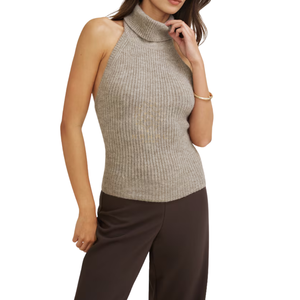 Pull sans manches côtelé taupe à col montant pour femme, coupe ajustée, tricoté, personnalisé - Product Image 1