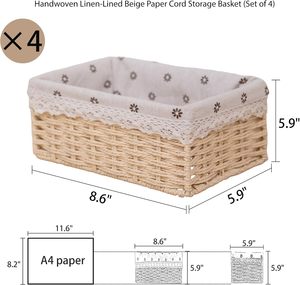 Vintage Paper Rope <b>Storage</b> <b>Baskets</b> Small <b>Rectangular</b> <b>Baskets</b> with Fabric Lining and Lace Trim for Home Bedroom Bathroom - Product Image 4
