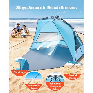 Tenda da Spiaggia Portatile Pop-Up per 4 Persone con Protezione Solare UPF 50+, Tettoia Parasole e Borsa per il Trasporto per la Sabbia - Product Image 4