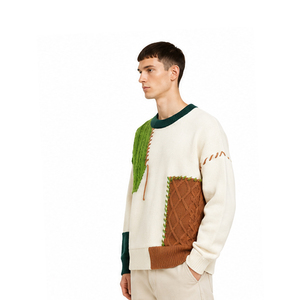 Men's Patchwork Knitted Pullover <b>Sweater</b> Full Sleeve Regular Fit Spliced Design Autumn Wear Green Brown Cream Color - Product Image 3
