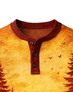Camisa Henley con estampado de paisaje para hombre, color naranja y rojo atardecer, manga larga, cierre de botones, estilo casual para exteriores, top ligero y moderno - Product Image 5
