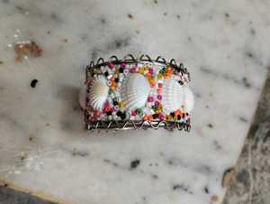 Handcrafted Embroidered Hinged Cuff <b>Bracelet</b> with Natural Shells Colorful Glass Bead <b>Boho</b> Statement Fashion Jewelry - Product Image 1