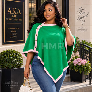 HMR Sorority Sisterhood Green Poncho With Pink Trim Asymmetric Batwing Sleeve Button Closure O-Neck Sweater Top - Product Image 4