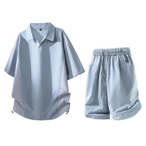 Men's Light Blue Polo Shirt <b>Set</b> Casual Summer Breathable <b>Knitted</b> Shorts Two-Piece Outfit 100% Cotton Floral Pattern Color - Product Image 1
