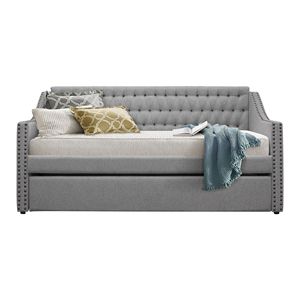 Divano Letto Moderno in Tessuto Grigio con Letto Estraibile, Dettagli Trapuntati e Borchie, Struttura in Legno - Product Image 5
