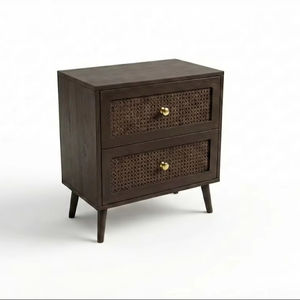 Table d'appoint moderne et écologique à 2 tiroirs, 5+ compartiments, en bois d'hévéa, MDF, placage de chêne, détails en rotin - Table de rangement pour salon - Product Image 1