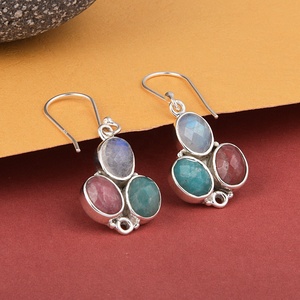 925 Sterling Silver Multi Stone <b>Dangle</b> <b>Earrings</b> Rainbow Moonstone Amazonite Rhodolite Handmade Gemstone Drop <b>Earrings</b> for Party - Product Image 5