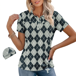 Polo pour femme à motif Argyle, manches courtes, décontracté, respirant, en polyester tissé - Product Image 6