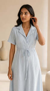 Robe midi en lin et coton bleu clair avec col polo, manches courtes, taille nouée, ourlet évasé, tenue décontractée d'été - Product Image 2