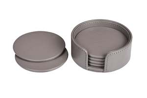 Ensemble de dessous-de-verre ronds en cuir PU avec support, faits à la main, imperméables, pour boissons, tasses à thé et café, couleur grise - Product Image 2