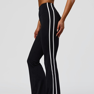 Leggings de Yoga de Cintura Alta con Pierna Ancha y Franja Lateral, Color Negro Sólido, Largos, Sin Costuras, Elásticos en Cuatro Direcciones, Pantalones Deportivos - Product Image 5