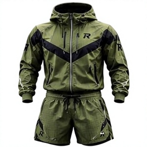 Conjunto Deportivo para Hombre, Color Verde Oliva, con Capucha, Ligero, para Exteriores, Manga Larga, Cierre Frontal con Cremallera, Secado Rápido, Pantalones Cortos Deportivos, Corte Regular - Product Image 3