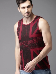 Camiseta sin mangas para hombre, roja, con estampado geométrico, cuello redondo, informal, transpirable, de poliéster tejido, ajustada - Product Image 4