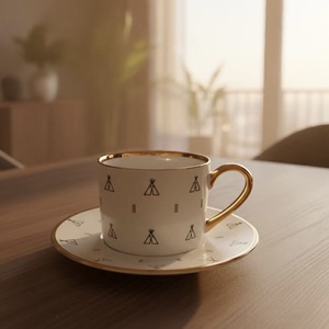 Ensemble tasse et soucoupe à café et thé en céramique avec un design géométrique élégant, bordure et anse dorées - Product Image 6