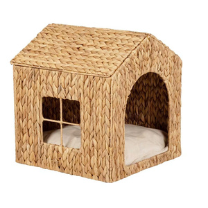 Maison pour animaux en jacinthe d'eau, lit pour chat et chien en osier, cage en forme de maison, mobilier pour animaux en fibres naturelles fait main, lit d'intérieur pour animaux - Product Image 1