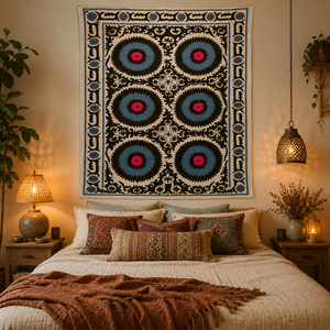Couvre-lit en coton brodé Suzani de qualité supérieure, blanc, noir, bleu, corail, motif floral, médaillon, fait main, décoration intérieure indienne bohème - Product Image 5