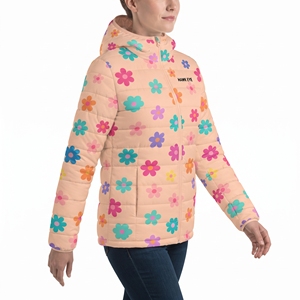 Women's Colorful Floral <b>Belted</b> Puffer Jacket Hooded Quilted Winter Coat Sublimation Warm Padded Outdoor Casual Fashion Outerwear - Product Image 3