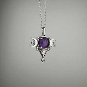Triple Moon Amethyst Pendant 925 Silver Bezel Setting Vintage Neo Gothic Hecate Charm Unisex Engagement Jewelry Everyday Wear - Product Image 2