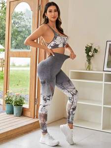 Black White Printed Racerback Crop <b>Top</b> High Waist Leggings 2 Piece Yoga Set Full Length <b>Mesh</b> Detail Spandex Polyester - Product Image 1