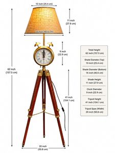Lampe sur pied décorative éclairée de qualité exceptionnelle, en bois, avec cadran d'horloge et accents en laiton, design traditionnel. - Product Image 4