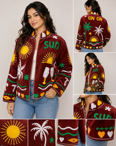 Velvet Embroidered <b>Jacket</b> Women <b>Mandarin</b> <b>Collar</b> Full Sleeve Summer Vacation Style Hand Embroidery Zipper Closure - Product Image 5