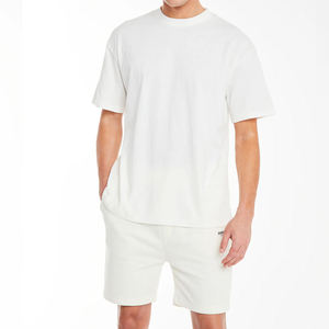 mens <b>white</b> solid <b>plain</b> relaxed short sleeve <b>tshirt</b> matching shorts 2 piece set athletic gym workout track outfit - Product Image 5