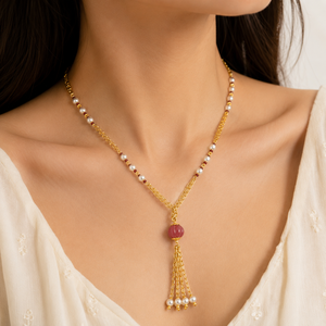 Custom Rhodium Plated <b>Necklace</b> Freshwater Pearl Red <b>Ruby</b> Melon Bead Station Y Lariat Pearl Tassel Drop Chain Women Luxury Gift - Product Image 1