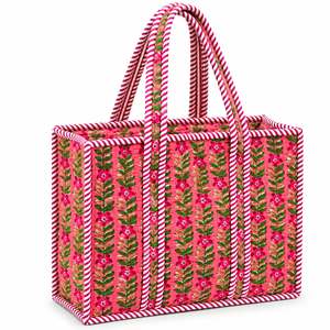 Floral Embroidered Canvas Tote <b>Bag</b> With Candy Stripe Trim Bohemian Style Open Top Shopping <b>Bag</b> All Seasons - Product Image 1