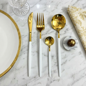 Ensemble de couverts personnalisables en acier inoxydable blanc et or de qualité hôtelière, poli miroir, couteau, fourchette et cuillère pour la restauration fine - Product Image 1